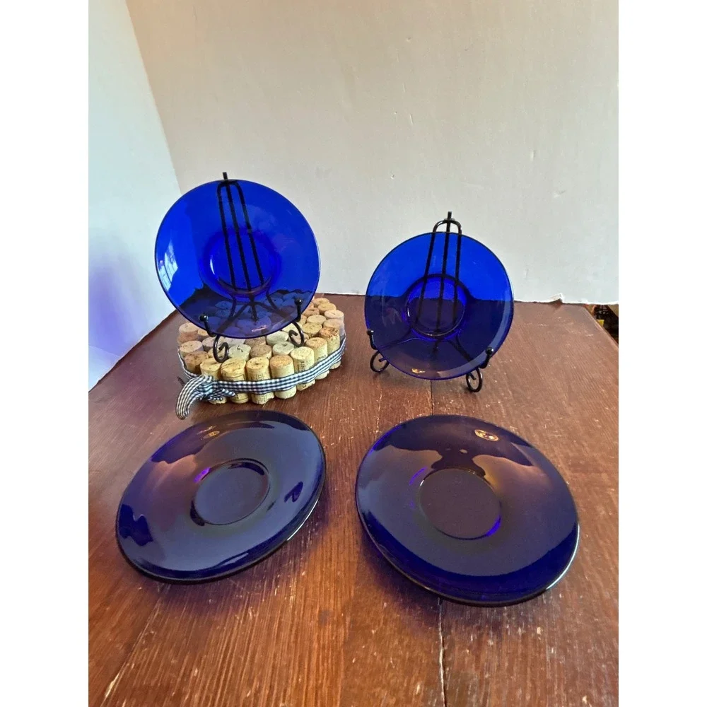 Vintage Cobalt Blue‎ Glass Saucers Set 4 Replacement Tea Coffee Plates 5.5 Inch